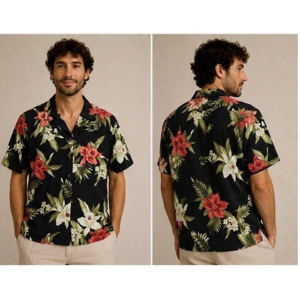 Vintage Ho Aloha Hawaiian Shirt Mens XL Black Floral Cotton Made in Hawaii XL